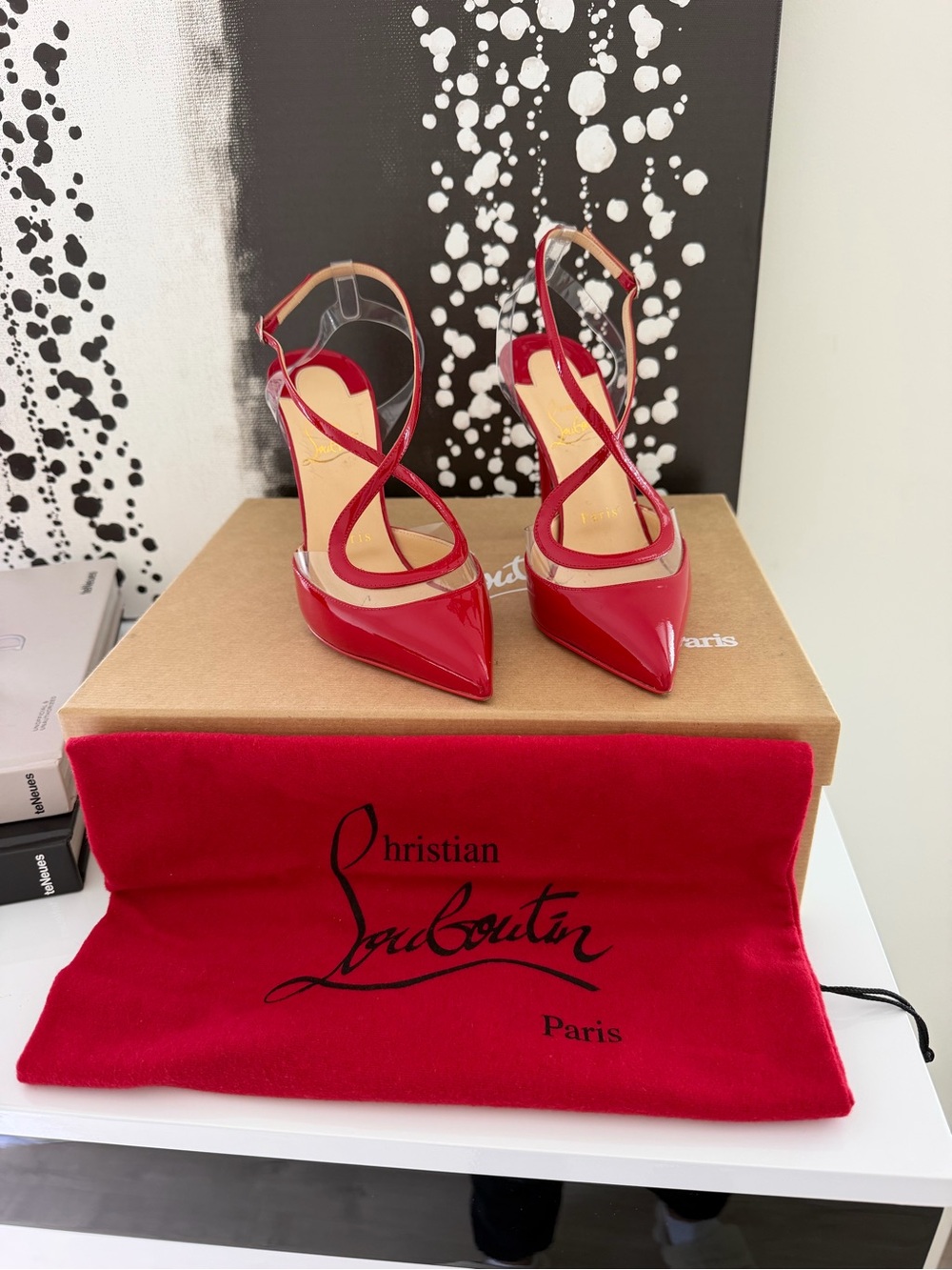 Christian Louboutin Red Patent Pointed Slingback Pumps with Crisscross Straps